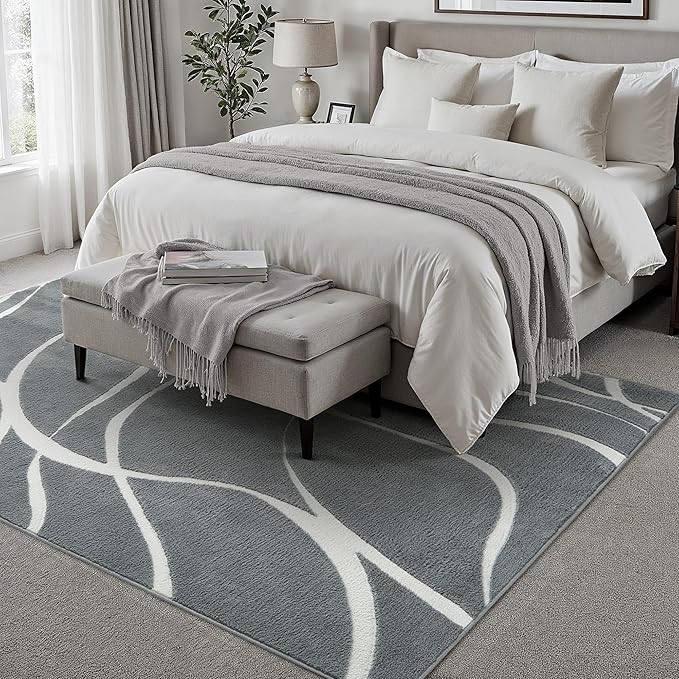 HUGEAR Shag Area Rug 6x9 Grey & Ivory Washable Living Room Bedroom Rug Non Slip Non-Shedding Soft Plush Medium Pile Large Throw Carpet for Home Office Aesthetic Modern Decor