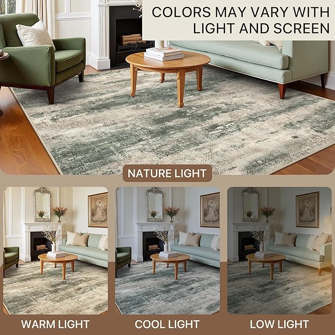 Area Rugs 10x14 for Living Room Bedroom, Modern Abstract Machine Washable Rug, Large Soft Low Pile Floor Cover with Non Slip Backing for Dining Room, Grey/Dark Green