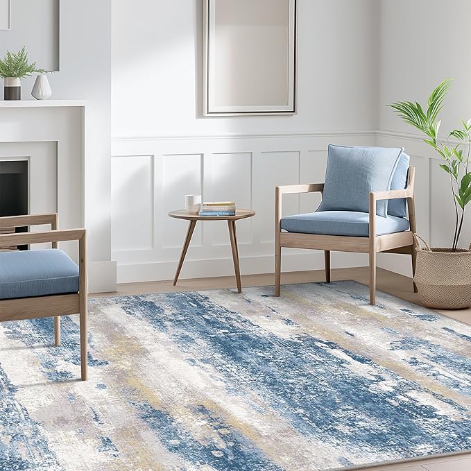 Area Rugs 5x7 for Living Room Bedroom, Modern Abstract Machine Washable Soft Blue Rug, Floor Carpet with Non Slip Backing for Dining Room