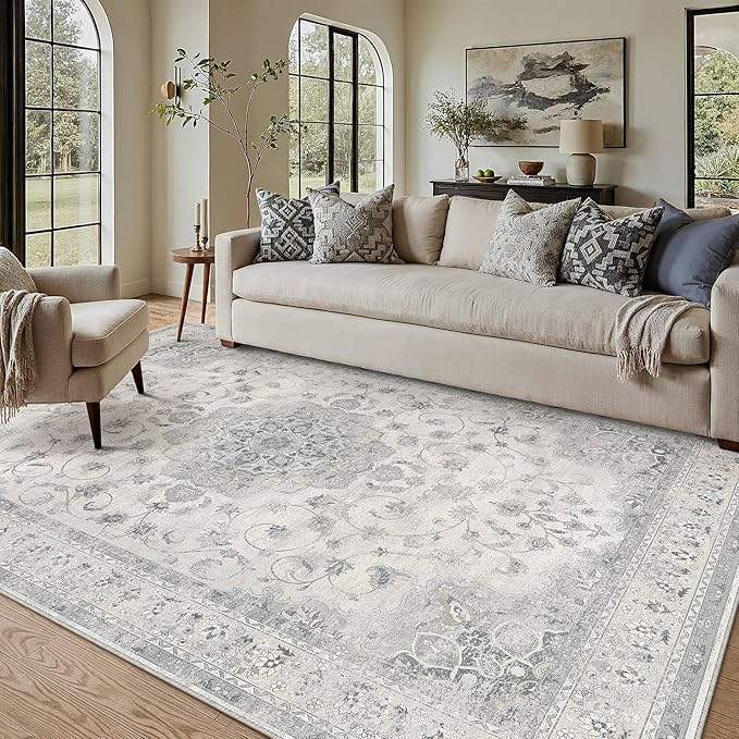HUGEAR Machine Washable Area Rugs 5x7 Vintage Grey Living Room Bedroom Rug Neutral Style Non Slip Stain Resistant Low Pile Throw Carpet for Home Retro Aesthetic Modern Decor