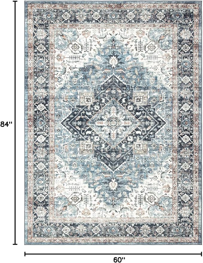 Area Rug 5횞7, Vintage Boho Rug,Ultra-Soft Low Pile, Washable, Non Slip,Stain Resistant Printed Carpet for Living Room Bedrooms Playroom Office Kitchen, Blue/Navy