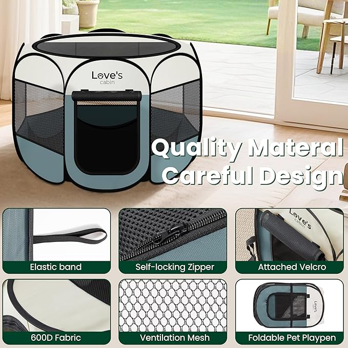 Love's cabin Pet Puppy Dog Playpen, Large Dog Tent Crates Cage Indoor/Outdoor, Portable Playpen for Cat, Foldable Pop Up Dog Kennel Playpen with Carring Case, Removable Zipper Top, Moss Green