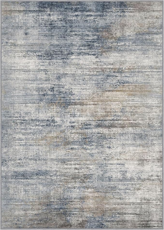 Area Rugs 5x7 for Living Room Bedroom, Modern Abstract Machine Washable Rug, Large Soft Low Pile Floor Carpet with Non Slip Backing for Dining Room, Denim Blue/Taupe