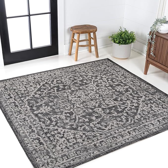 JONATHAN Y Boho Medallion Indoor Outdoor Square Area Rug 4X4 Black/Gray, Malta Textured Weave for Backyard, Patio, Porch, Easy-Cleaning, High Traffic, Pet-Friendly, Non-Shedding (SMB104C-4SQ)
