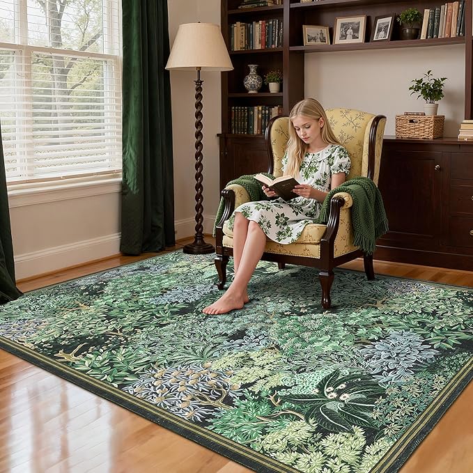 GarveeHome Forest Rugs 8x10, Blue Green Washable 8x10 Area Rug for Living Room, Botanical Low Pile Non Slip Stain Resistance Large Carpet for Office Dining Room, Farmhouse