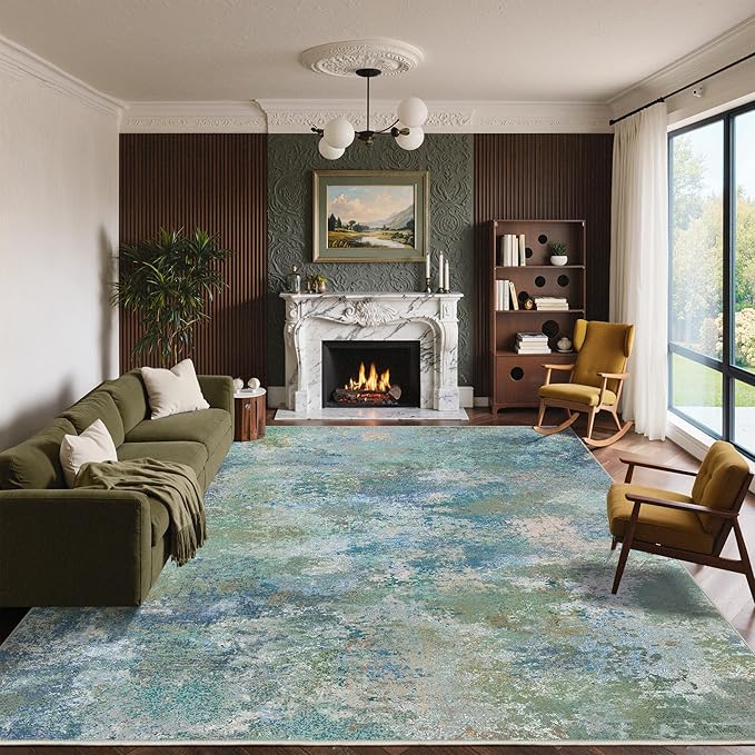 Area Rugs 10x14 for Living Room Bedroom, Modern Abstract Machine Washable Rug, Large Soft Low Pile Floor Carpet with Non Slip Backing for Dining Room, Blue Green