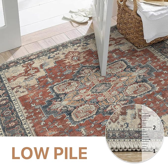 GENIMO 2x5 Runner Rugs for Hallway, Machine Washable Non Slip Vintage Rugs, Low Pile Lightweight Soft Print Rug for enrtyway, Corridor, Home Office, Kitchen, Bordeaux