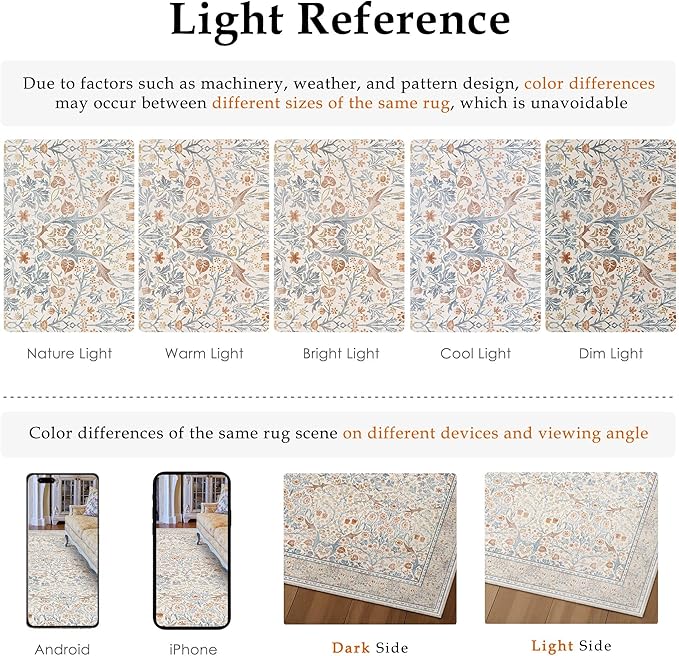 HUGEAR Vintage Floral Machine Washable 6x9 Area Rugs Beige Living Room Bedroom Rug Retro Neutral Stain Resistant Non Slip Low Pile Throw Carpet for Home Aesthetic Modern Decor