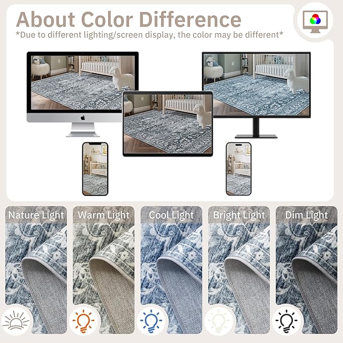 6x9 Area Rugs for Living Room, Stain Resistant Neutral Washable Rugs for Bedroom, Floral Vintage Non-Slip Soft Throw Carpet for Dining Room Farmhouse (Blue, 6'x9')