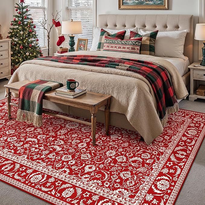 HUGEAR Christmas 8x10 Machine Washable Rugs Red Hallway Large Area Rug Indoor Accent Rug Floral Low Pile Carpet Soft Throw Aesthetic Rug Bedroom Living Room Office Dining Room Kitchen Laundry Room