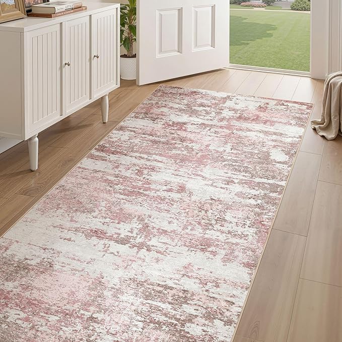 Area Rugs for Living Room: 3x10 Abstract Washable Rug Modern Neutral Large Soft Stain Resistant Non-Slip Backing Machine Table for Bedroom Dining Room Indoor Home Office Carpet - Pink