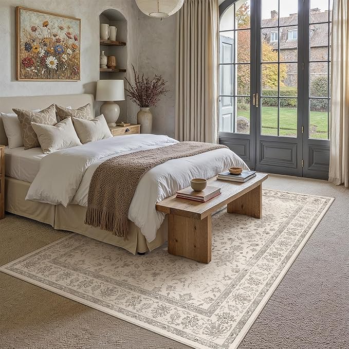 5x7 Area Rug Beige Washable Vintage Carpet Living Room Bedroom Non Slip Stain Soft Resistant Low Pile Thin Boho Accent Indoor Throw Rug for Dining Room Office