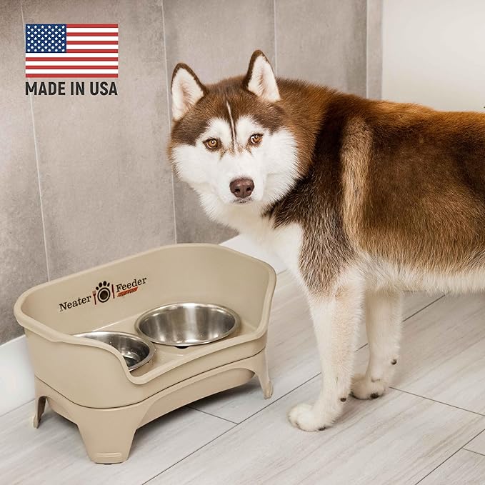 Neater Feeder - Express Model w/ Slow Feed Bowl - Mess-Proof Dog Bowls (M/L, Almond) Made in USA – Elevated, No Spill, Non-Tip, Non-Slip, Raised Stainless Steel Food/Water Pet Bowls Aid Digestion