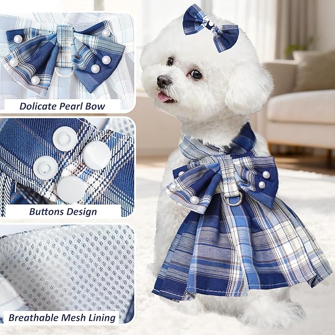 Dog Dress Bowknot Harness Leash Set for Small Dogs Girl Cute Plaid Dog Dress Pearls Bow Tie Spring Summer Princess Clothes Birthday Holiday Doggie Outfits for Puppy Cats Girl (Lake Blue, Medium)