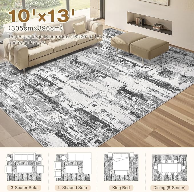 Area Rugs for Living Room: 10x13 Abstract Washable Rug Modern Neutral Large Soft Stain Resistant Non-Slip Backing Machine Table for Bedroom Dining Room Indoor Home Office Carpet - Black Grey