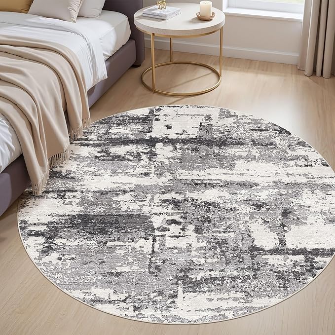 6ft Round Area Rugs for Living Room: 6x6 Abstract Washable Rug Modern Large Soft Stain Resistant Non-Slip Backing Machine Table for Bedroom Dining Room Indoor Home Office Carpet - Black Grey