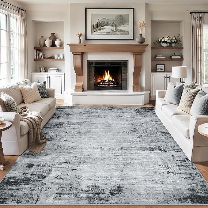 6x9 Area Rugs for Living Room - Washable Rug Modern Abstract Soft Large Neutral Non-Slip Carpet Indoor Floor Thin Carpets for Bedroom Dining Room Farmhouse Nursery Home Office Black