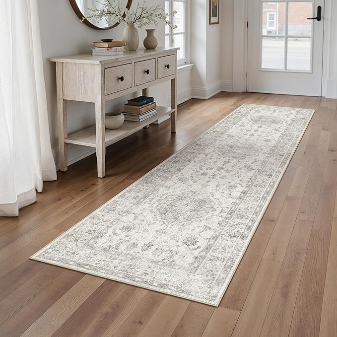 2x8 Runner Rug Gray Washable Vintage Hallway Kitchen Carpet Small Long Non Slip Soft Low Pile Thin Bedroom Retro Accent Throw Rug Laundry Dining Living Room Bathroom
