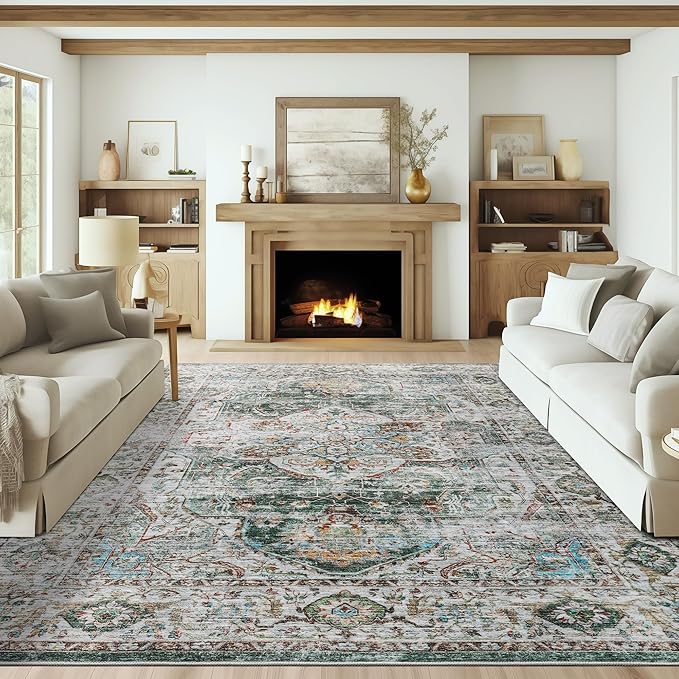 Washable Rug 8x10 Area Rugs for Living Room - Stain Resistant Non-Slip Backing Rugs for Bedroom - Vintage Large Area Rug (Green, 8'x10')