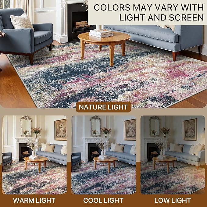 Area Rugs 5x7 for Living Room Bedroom, Modern Abstract Machine Washable Rug, Large Soft Low Pile Floor Carpet with Non Slip Backing for Dining Room, Navy/Pink