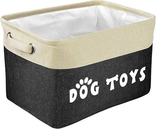 PET ARTIST Dog Toy Basket, Collapsible Dog Toy Bin Box with Comfortable Handles, Large Pet Toy Storage Organizer for Accessories, Toys, Coat & Clothing, Blanket & Leash, Black, 15"x11"x9"
