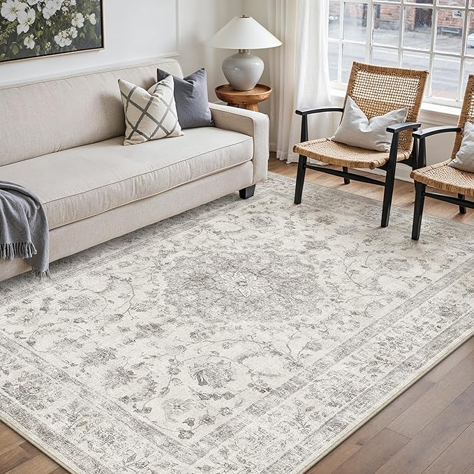 4x6 Area Rug Gray Washable Vintage Entryway Office Carpet Small Non Slip Soft Low Pile Soft Thin Kitchen Bathroom Retro Accent Throw Rug Entrance Bedroom Office Living Room Laundry