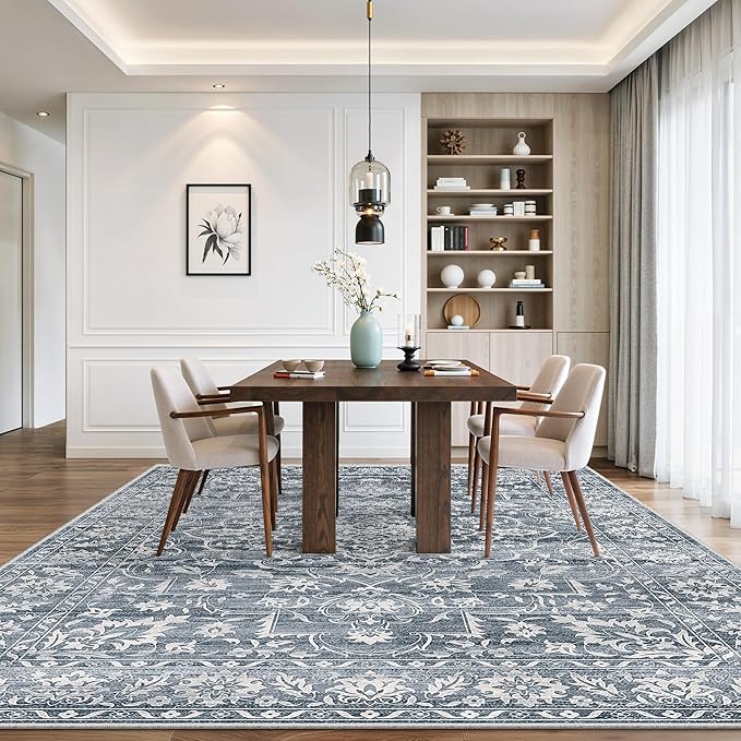 8x10 Washable Area Rugs for Living Room, Vintage Floral Stain Resistant Non-Slip Low Pile Natural Rug Soft Throw Large Carpet for Dining Room Bedroom Home Office (Blue, 8'x10')