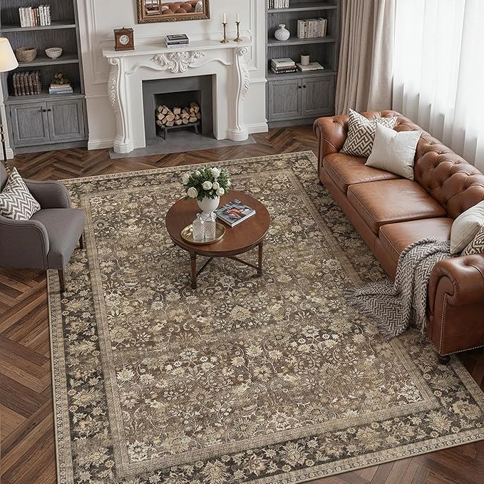 HUGEAR 9x12 Machine Washable Rugs Brown Living Room Large Area Rug Indoor Accent Rug Floral Mid Pile Carpet Soft Soft Thicker Aesthetic Rug Bedroom Office Dining Laundry