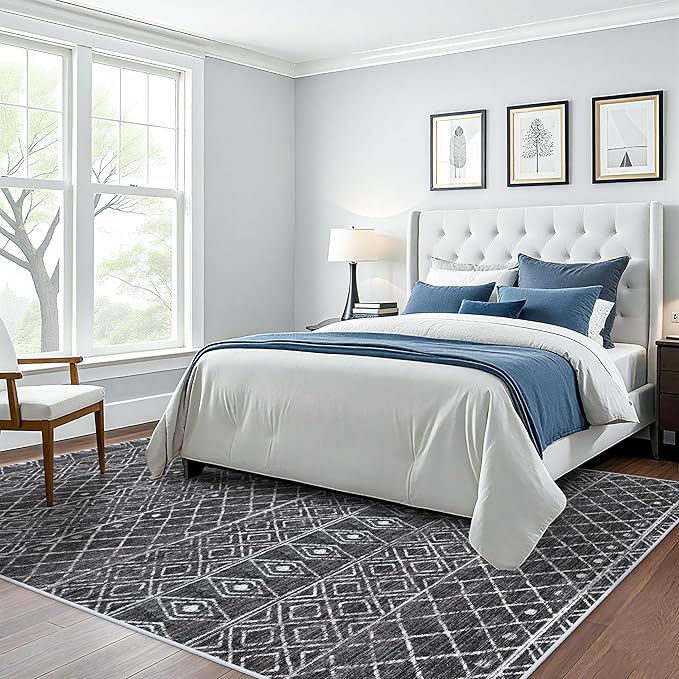 7x9 Area Rug for Living Room - Washable Rugs Moroccan Non-Slip Pet Friendly Stain Resistant Carpets for Bedroom Soft Low Pile Rug 7x9 Black