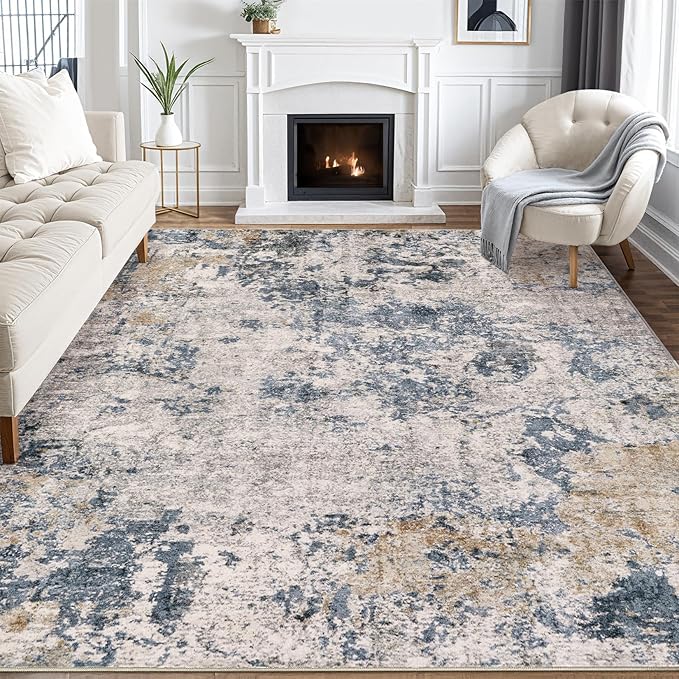 Area Rugs for Living Room: 6x9 Abstract Washable Rug Large Soft Stain Resistant Non-Slip Backing for Bedroom Dining Room Indoor Home Office Carpet for Kids Pet Friendly Families - Blue Brown