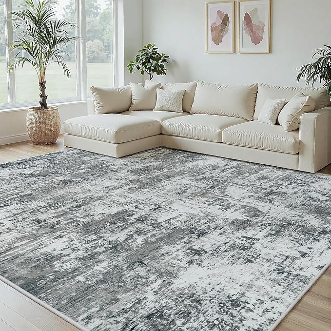 6x9 Area Rugs Living Room Rug Modern Abstract Neutral Washable Rugs Non Slip Soft Carpet Large Area Rug Low Pile Stain Resistant Non Shedding for Bedroom Nursery Dining Room Home Office Gray