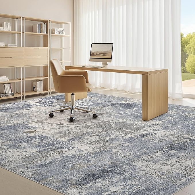 Area Rugs for Living Room: 5x7 Abstract Washable Rug Modern Neutral Large Soft Stain Resistant Non-Slip Backing Machine Table for Bedroom Dining Room Indoor Home Office Carpet - Light Denim Blue