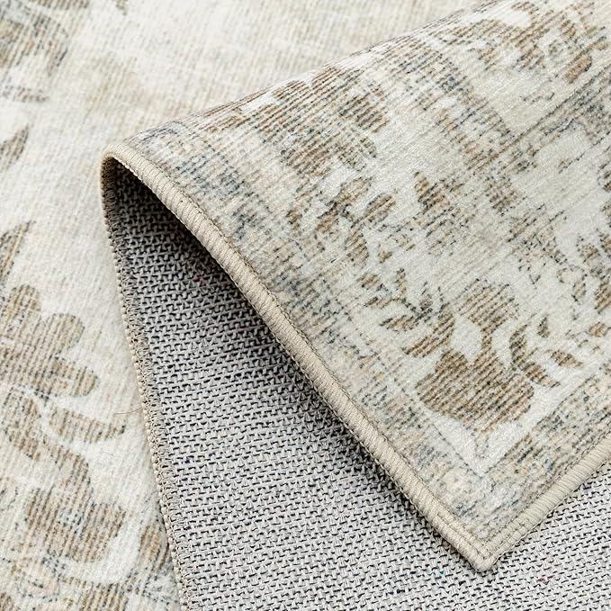 2'6"x14' Runner Rug Beige Washable Hallway Kitchen Bedroom Vintage Distressed Bathroom Non Slip Medallion Floral Carpet Indoor Retro Throw Floor Mat for Office Dining Laundry Living Room