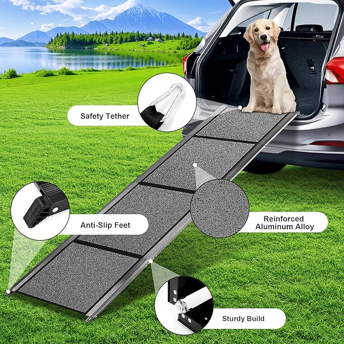 67''x 17'' Folding Dog Ramp for Truck, Aluminum Pet Ramp for Large Dogs, Foldable Dog Stairs Steps Up to 250LBS, with Non-Slip Rug Surface for Car, SUV, Bed, Indoor & Outdoor(Wire Loop Fabric)