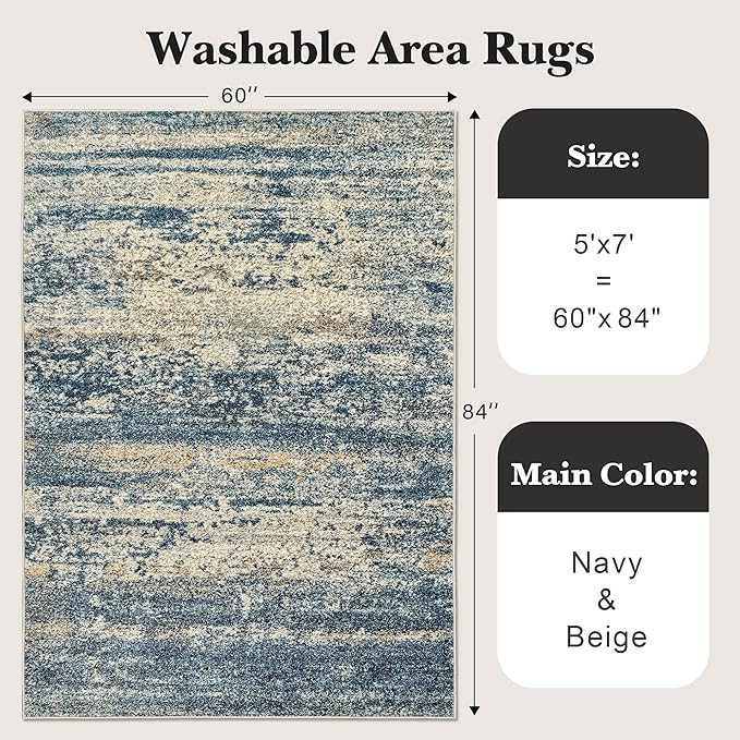 Art&Tuft Washable Rug, Anti-Slip Backing Abstract Area Rug 5x7, Stain Resistant Rugs for Living Room, Foldable Machine Washable Area Rug 5x7, Navy