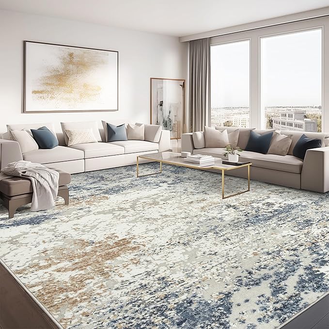 Art&Tuft 9x12 Area Rug, Anti-Slip Backing Abstract Washable Area Rugs 9x12 Living Room, Stain Resistant Rugs for Living Room, Foldable Machine Washable Rug (9'x12', TPR18-Blue)