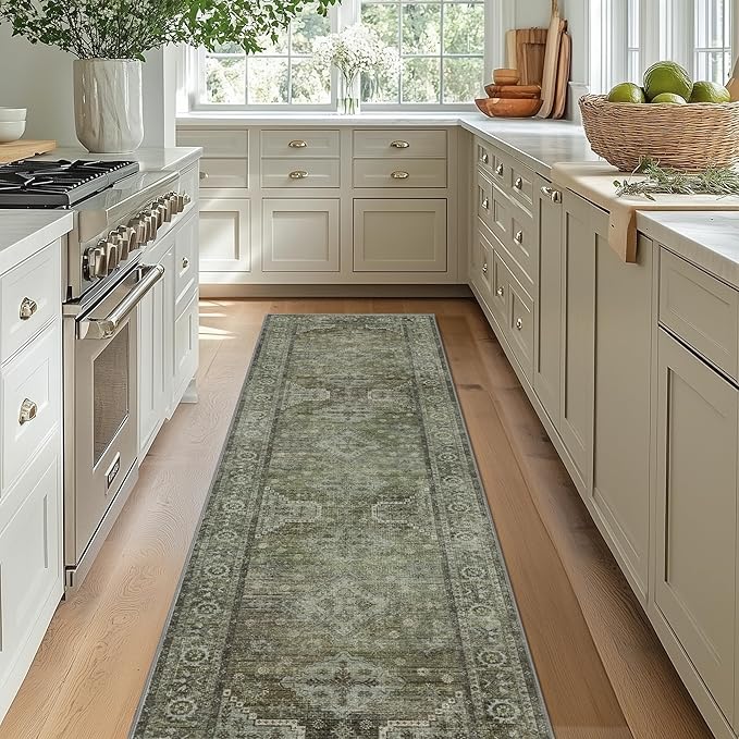 Runner Rug for Hallway Kitchen, 2x8 Machine Washable Runners Rug for Entryway, Soft Modern Boho Throw Rugs, Low Pile Floor Cover with Non Slip Backing, Distressed Light Greyish Sage Green