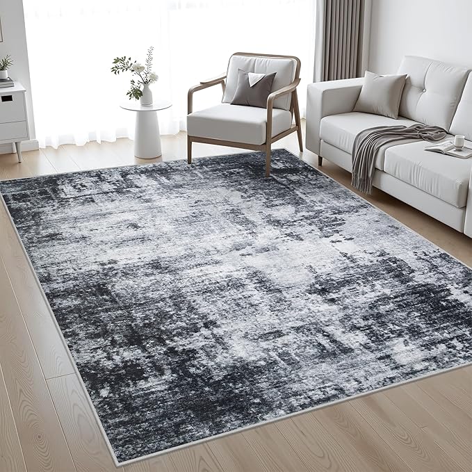 5x7 Area Rug Living Room Rug: Washable Modern Abstract Soft Thin Rug Indoor Floor No Slip Stain Resistant Carpet for Bedroom Dining Room Farmhouse Nursery Home Office - Dark Black