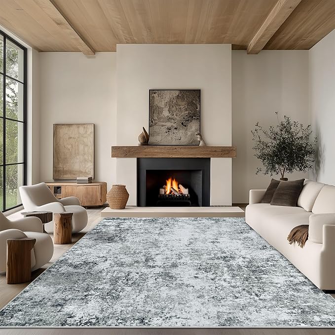 9x12 Area Rug Living Room Rugs - Washable Rug Large Modern Abstract Soft Thin Carpets Indoor Floor No Slip Vintage Carpet for Bedroom Under Dining Table Nursery Home Office Decor Gray White