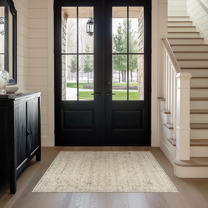 Boho Kitchen Rug Washable,2x3 Non Slip Farmhouse Neutral Small Area Rug for Bathroom Bedroom Indoor Entrway Ultra Thin Fit Under Door,Tan Brown and Cream Beige