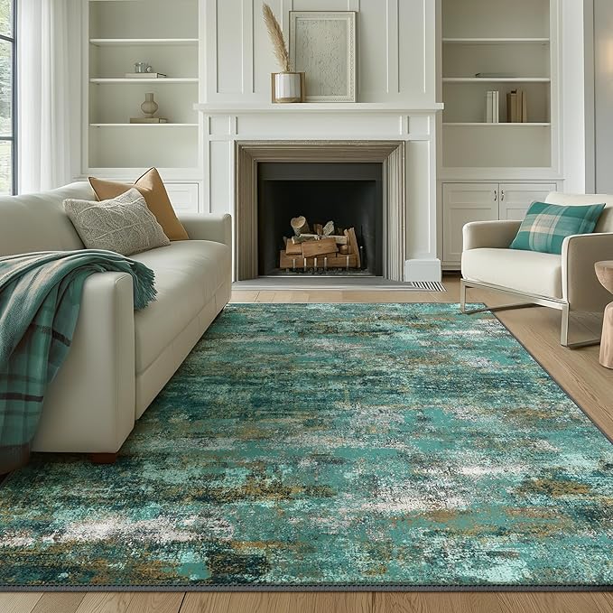 Area Rugs 6x9 for Living Room Bedroom, Modern Abstract Machine Washable Rug, Large Soft Low Pile Floor Carpet with Non Slip Backing for Dining Room, Turquoise