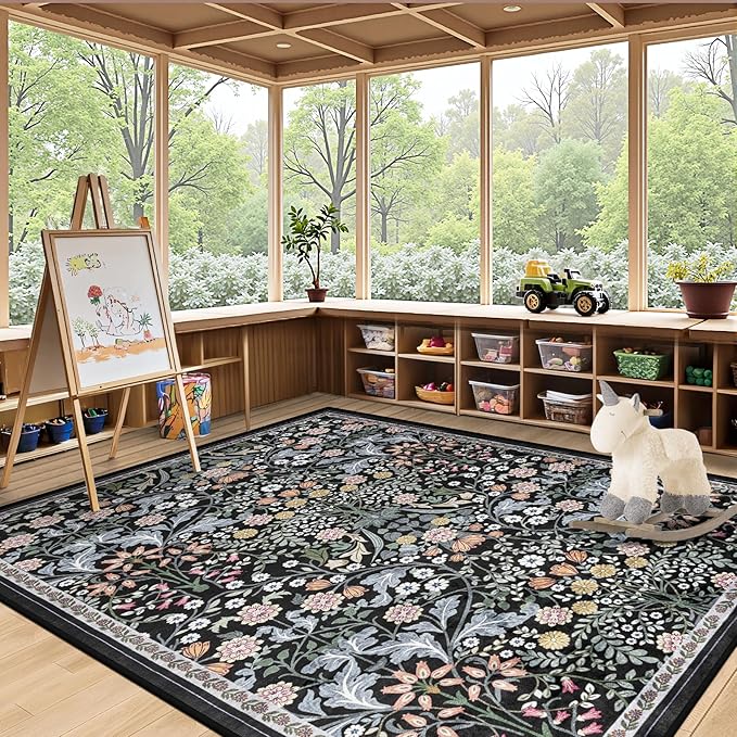 Area Rug Living Room Rugs: Floral 4x6 Washable Rug Vintage Soft Boho Non-Slip Carpet Indoor Floor Stain Resistant Large Carpets for Bedroom Dining Room Farmhouse Nursery Hallway Home Office Dark Black