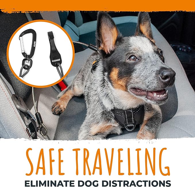 Mighty Paw Dog Seat Belt - Chew-Proof Metal Safety Restraint - Steel Braided Vehicle Tether - Rock Climbers Carabiner Included - Pet Car Leash Seat Belts - Dogs Car Safety Harness -Black, 40cm