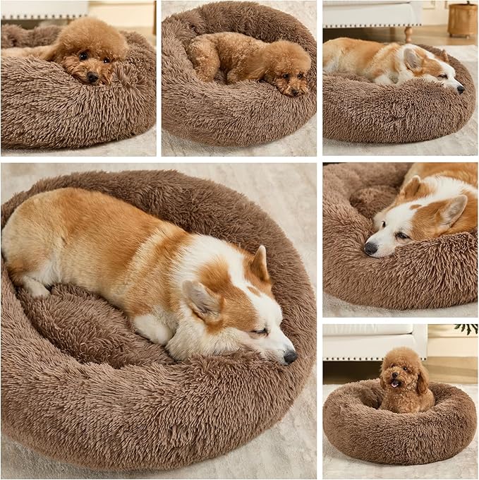Dog Calming Beds for Medium Large Dogs - Round Donut Washable Dog Bed, Anti-Slip Faux Fur Fluffy Donut Cuddler Anxiety Cat Bed(36" Khaki)