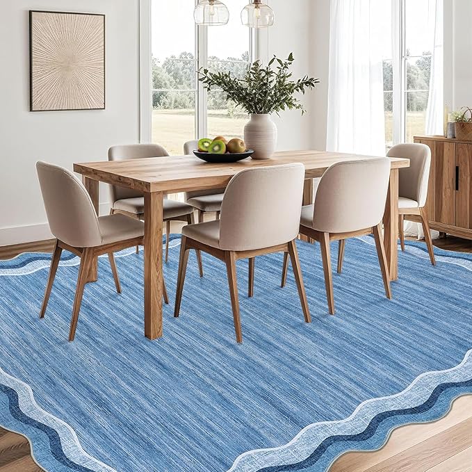 GarveeHome Scalloped Washable Rug 9x12 Area Rugs for Living Room Modern Solid Carpet for Bedroom Abstract Irregular Scalloped Non-Slip Low-Pile Accent Carpet for Farmhouse Dining Room (Blue, 9x12)
