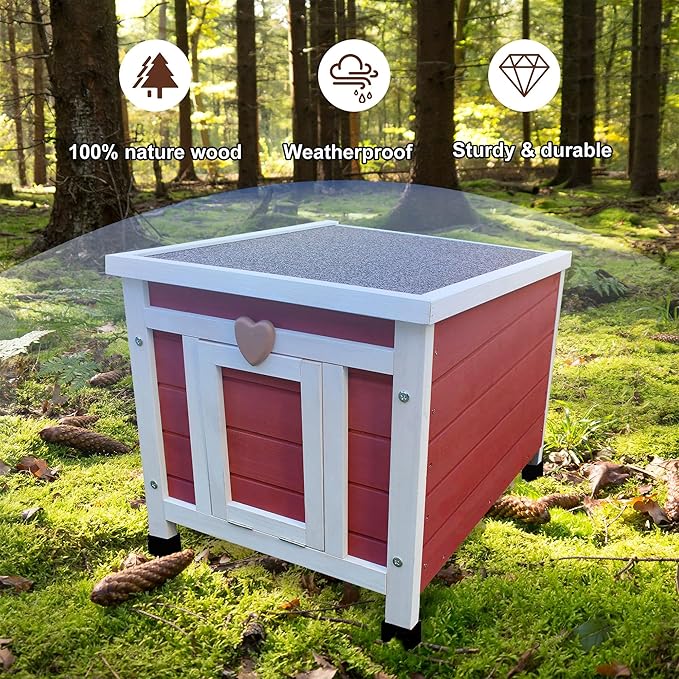 Rockever Outdoor Cat House,Outdoor cat Houses for Feral Cats Weatherproof Rabbit Hutch Small, Wooden Small Pet House and Habitats-Red