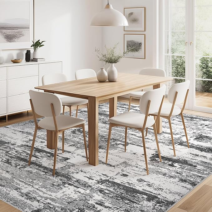 Area Rugs for Living Room: Abstract Washable Rug Large Soft Stain Resistant Non-Slip Backing for Bedroom Dining Room Indoor Home Office Carpet for Kids Pet Friendly Families - 7x9 Black Grey