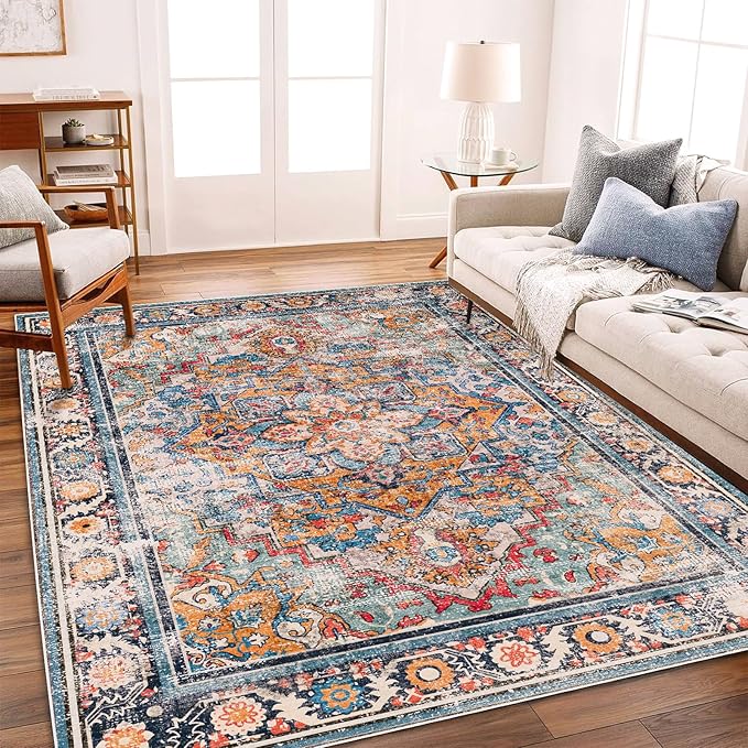 Washable Area Rug 8'x10' Boho Chic Medallion Distressed Design Non-Shedding Easy Care Ideal for High Traffic Areas in Living Room Bedroom Office Coffee Table Large Carpet