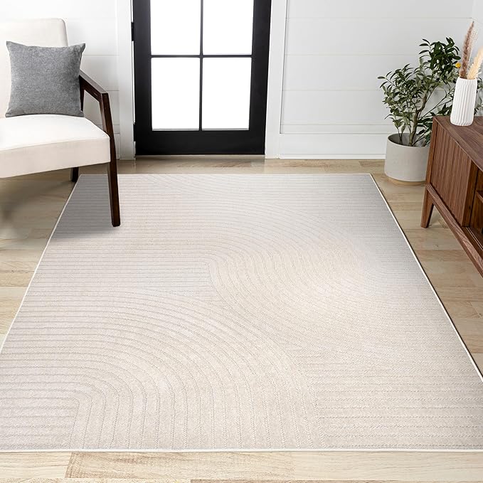 JONATHAN Y Hallie High-Low Curve Ivory/Cream Indoor/Outdoor Area Rug, 4x6, Minimalist, Pet Friendly, Non-Shedding, Stain Resistant, Hose-Washable for Backyard, Patio, Porch (SCN100B-4)