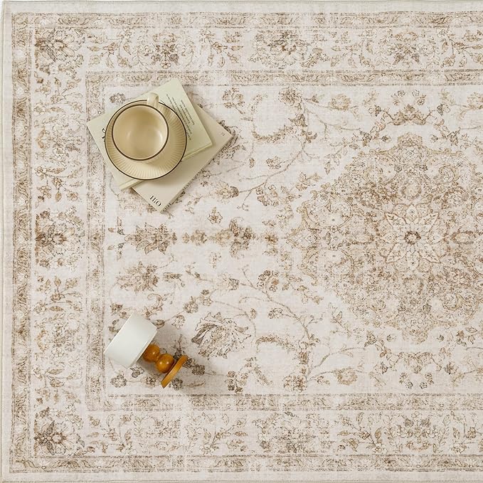 2x3 Beige Area Rug Washable Entryway Vintage Carpet Door Mat Distressed Small Non Slip Low Pile Thin Kitchen Bathroom Medallion Accent Throw Rug Entrance Bedroom Office Living Room